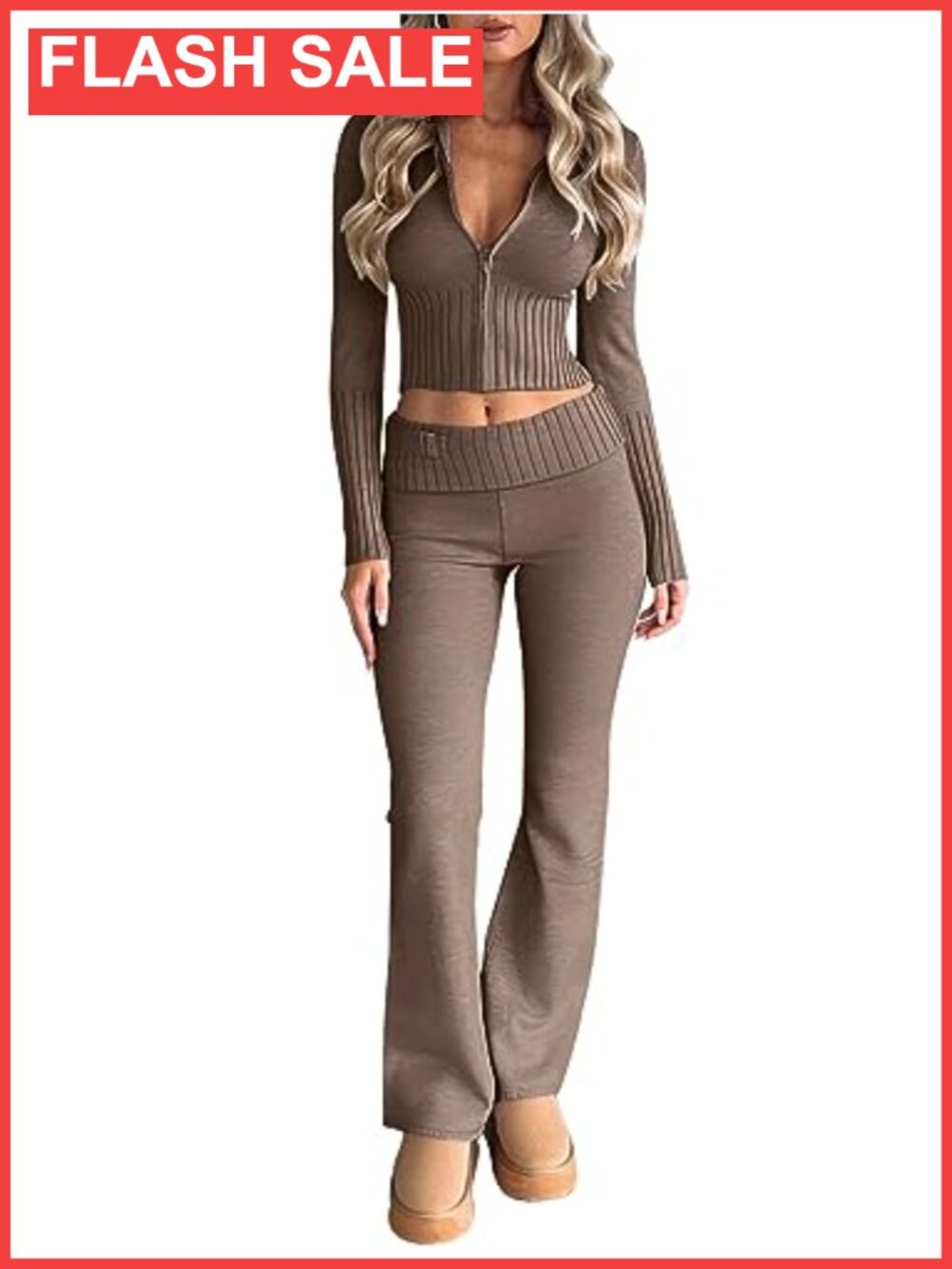 2 Piece Ribbed Knit Sweatsuit Set Cropped Hoodie Flared Pants Casual